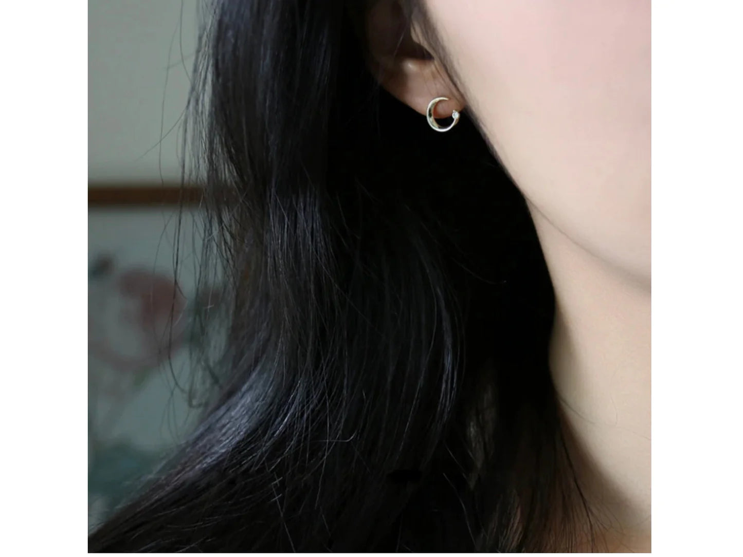 Tiny Crescent Moon Diamond  Stud Earrings