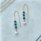 Minimalist Green Genuine Malachite Stone Chain Drop Fine Earrings - Threaded Bohemian Beads Natural Pearl Long Dangling Charm Gold Earrings