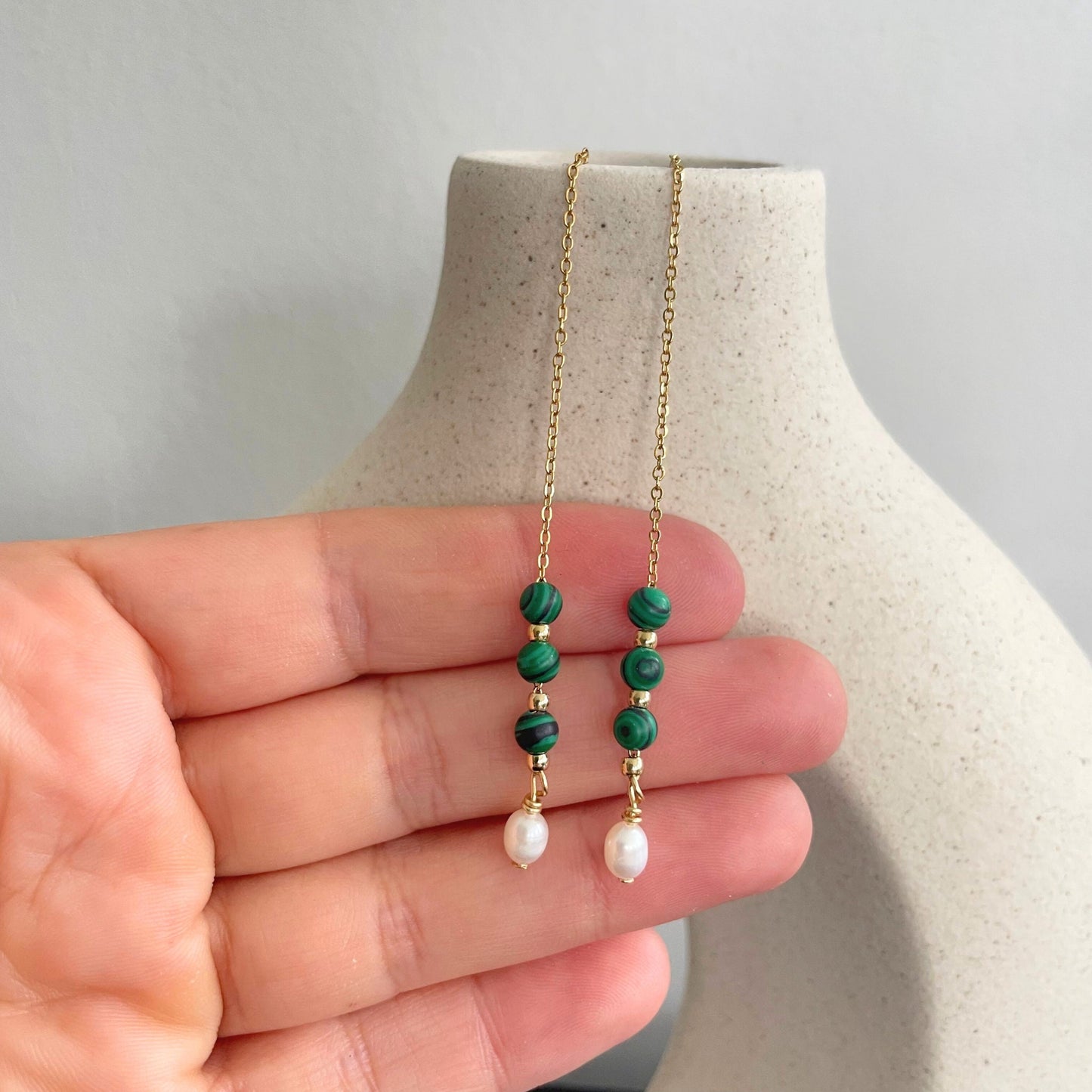 Minimalist Green Genuine Malachite Stone Chain Drop Fine Earrings - Threaded Bohemian Beads Natural Pearl Long Dangling Charm Gold Earrings