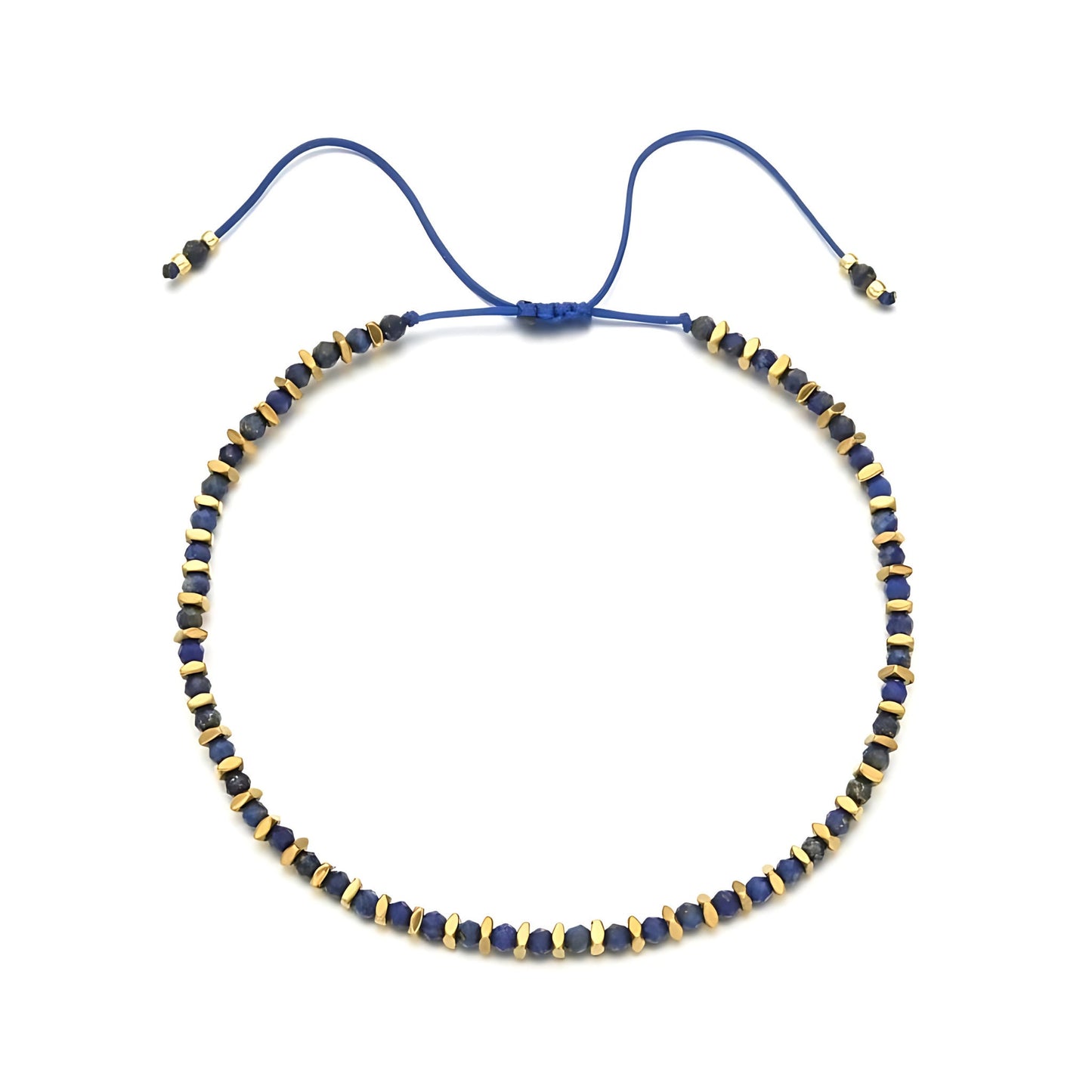 Minimalist Blue Lapis Gemstone Beaded Rope Bracelet - Dainty Bohemian Navy Blue Natural Tiny Stones Layered Adjustable Artisan Bracelet