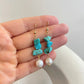 Dainty Blue Turquoise Stone Chain Pearl Drop Earrings - Bohemian Natural Turquoise Gemstone Long Dangling Charm Gold Earrings-Pearl Earrings
