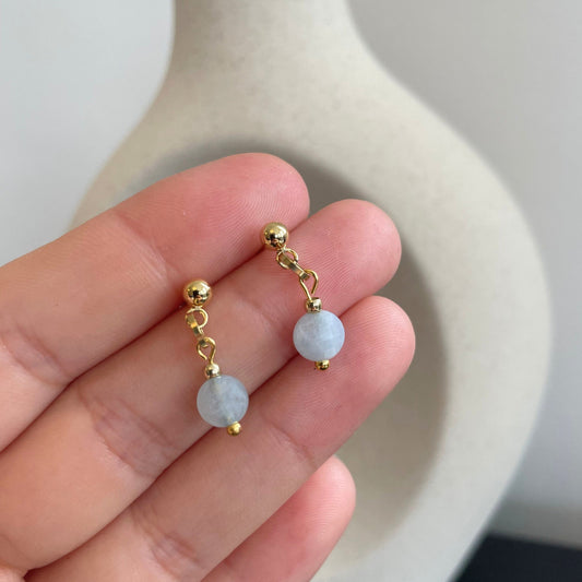 Minimalist Light Blue Aquamarine Small Charm Drop Studs - Dainty Ball Dangling Charm Gemstone Gold Earrings - Boho Cute Birthstone Earrings
