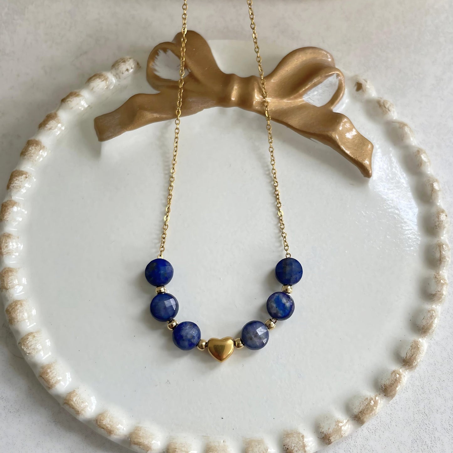 Dainty Blue Lapis Gemstone Tiny Heart Charm Necklace - Bohemian Natural Stone Beaded Gold Heart Pendant Necklace -Cute Navy Layered Necklace