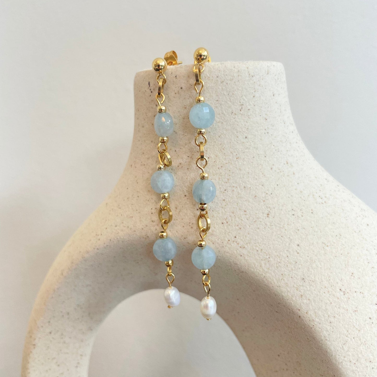 Statement Blue Aquamarine Gemstone Circle Pearl Drop Stud Earrings - Bohemian Baby Blue Stone Natural Pearl Charm Dangling Wedding Earrings