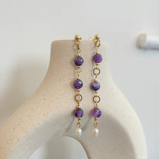 Statement Purple Amethyst Gemstone Circle Pearl Drop Stud Earrings - Bohemian Navy Blue Stone Natural Pearl Charm Dangling Wedding Earrings