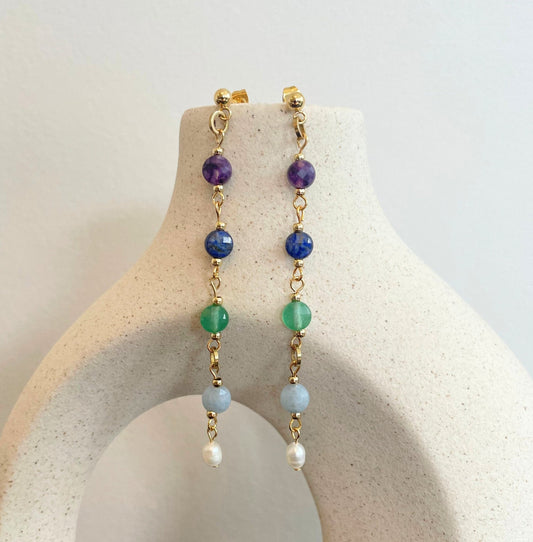 Statement Colourful Gemstones Circle Pearl Drop Stud Earrings - Bohemian Rainbow Beaded Stone Natural Pearl Charm Dangling Wedding Earrings