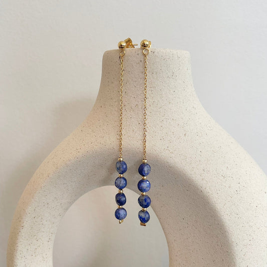 Elegant Blue Lapis Lazuli Long Chain Drop Charm Stud Earrings - Dainty Bohemian Dark Navy Dangling Birthstone Gemstone Bridesmaids Earrings
