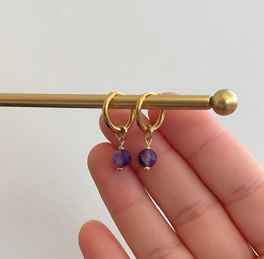Minimalist Purple Amethyst Small Hoop Charm Earrings - Dainty 10mm Huggie Hoop Dangling Charm Gold Earrings - Boho Cute Birthstone Earrings