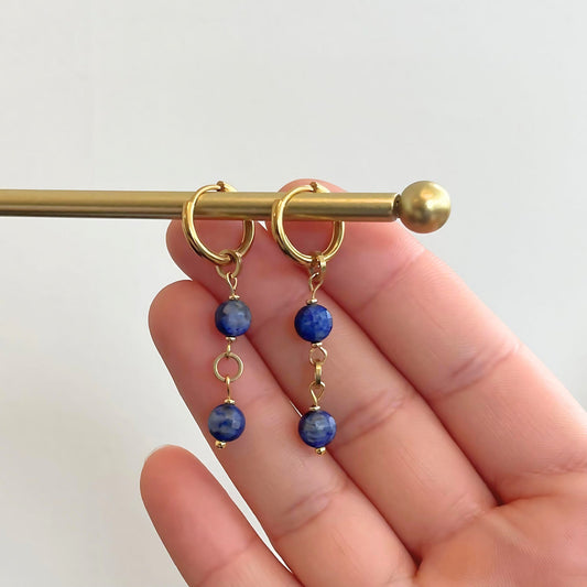 Minimalist Blue Lapis Small Hoop Charm Earrings - Dainty 10mm Huggie Hoop Dangling Navy Charm Gold Earrings - Boho Cute Birthstone Earrings