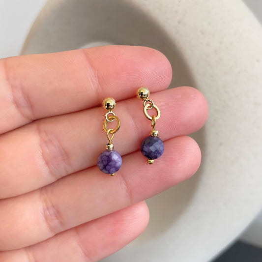 Minimalist Purple Amethyst Small Charm Drop Studs - Dainty Ball Stud Dangling Charm Gemstone Gold Earrings - Boho Cute Birthstone Earrings