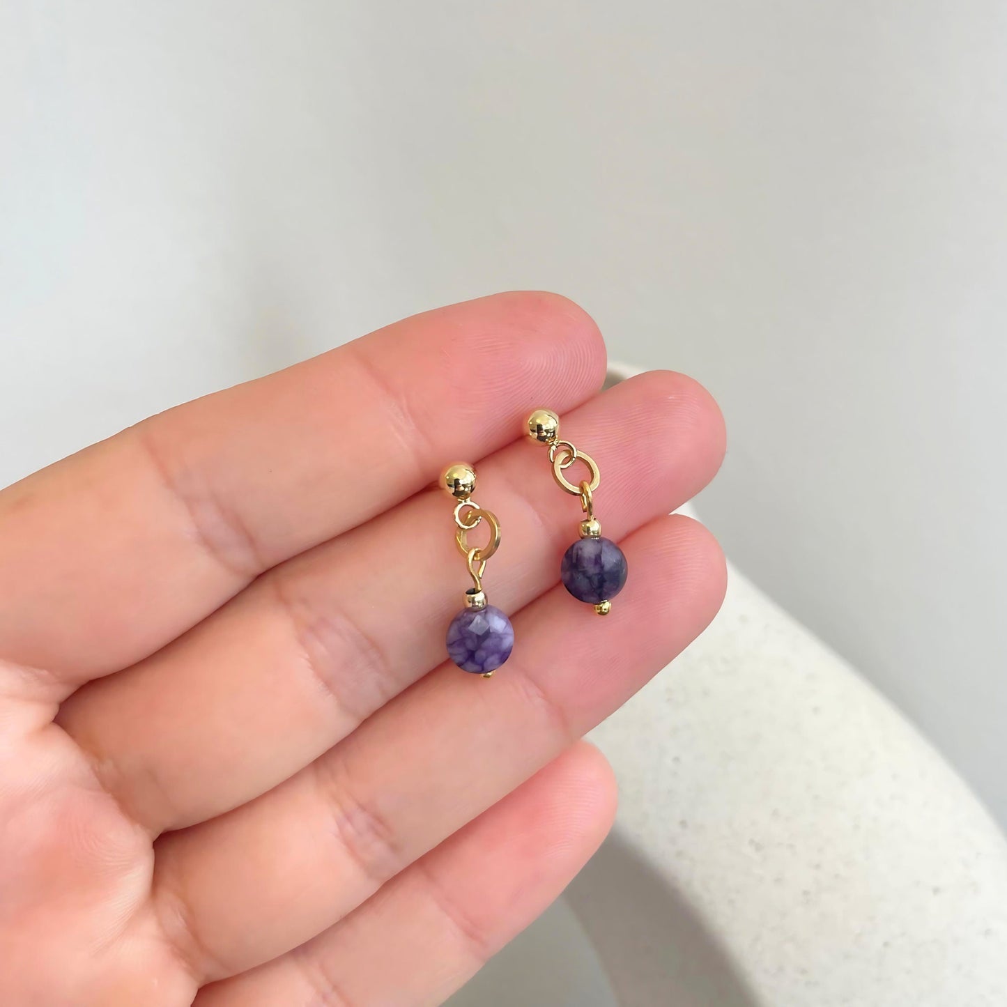 Minimalist Purple Amethyst Small Charm Drop Studs - Dainty Ball Stud Dangling Charm Gemstone Gold Earrings - Boho Cute Birthstone Earrings