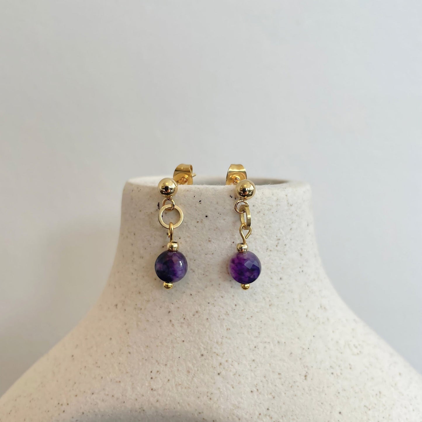 Minimalist Purple Amethyst Small Charm Drop Studs - Dainty Ball Stud Dangling Charm Gemstone Gold Earrings - Boho Cute Birthstone Earrings