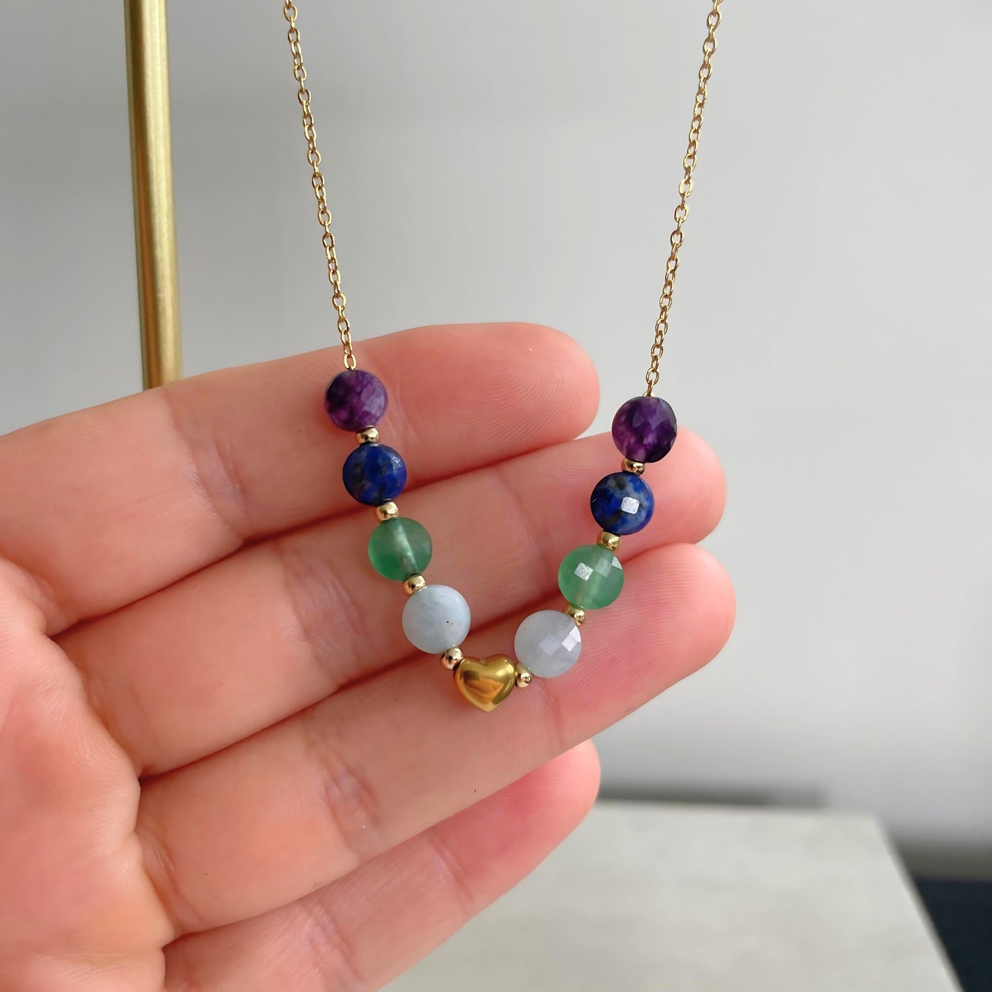Dainty Colourful Beads Gemstone Tiny Heart Charm Necklace - Bohemian Rainbow Natural Stones Multicolour Necklace - Boho Layered Necklace