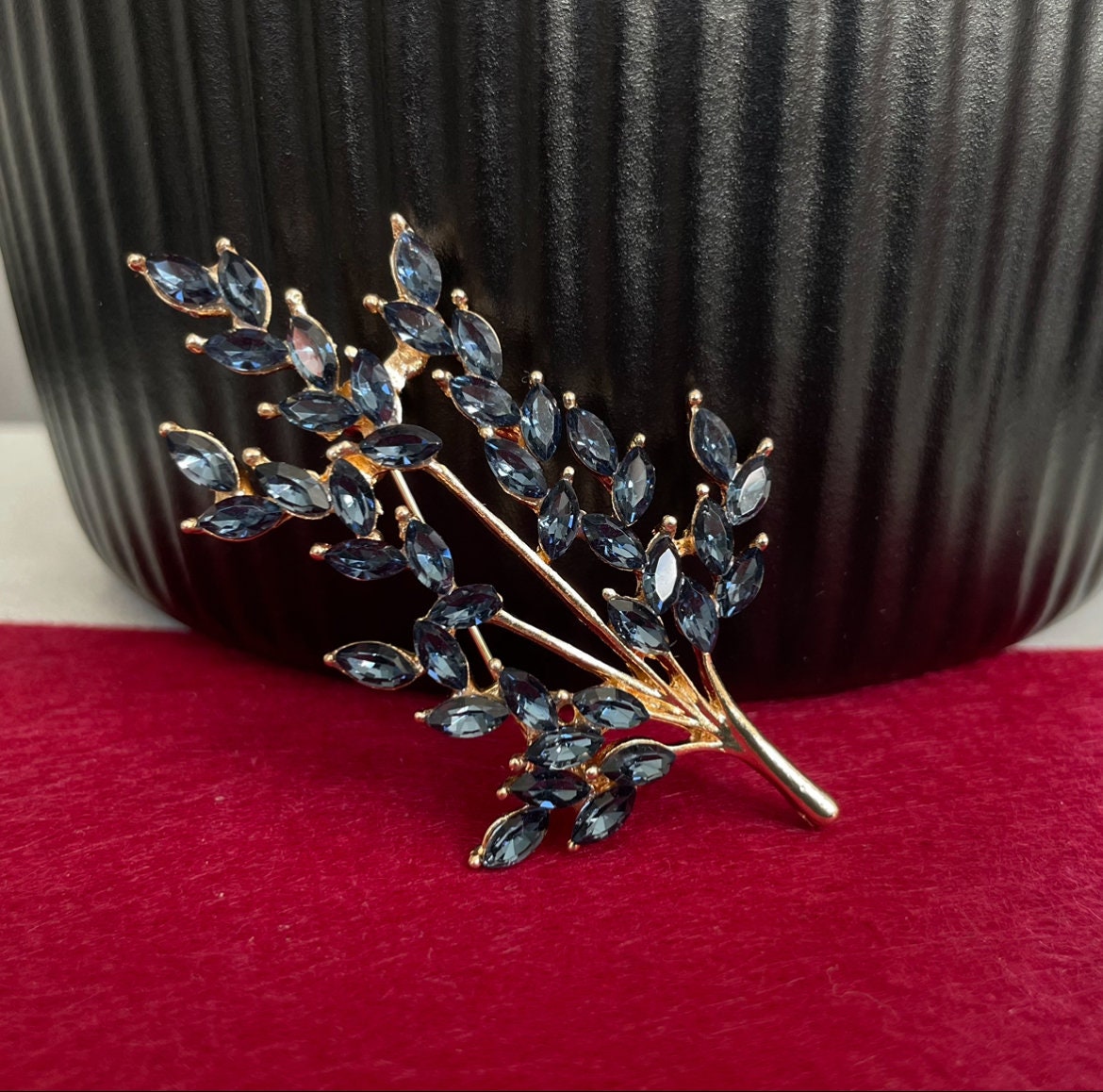 Blue sapphire tree branch gold and silver brooch