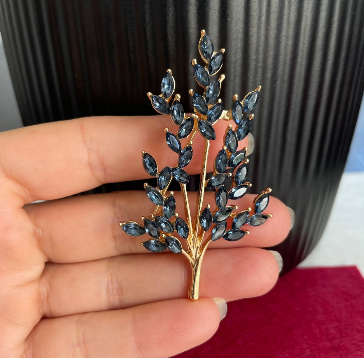 Blue sapphire tree branch gold and silver brooch