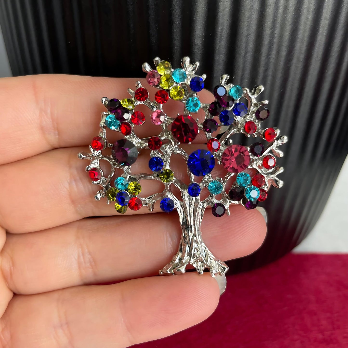 Colourful rhinestone tree of life silver pin brooch pendent