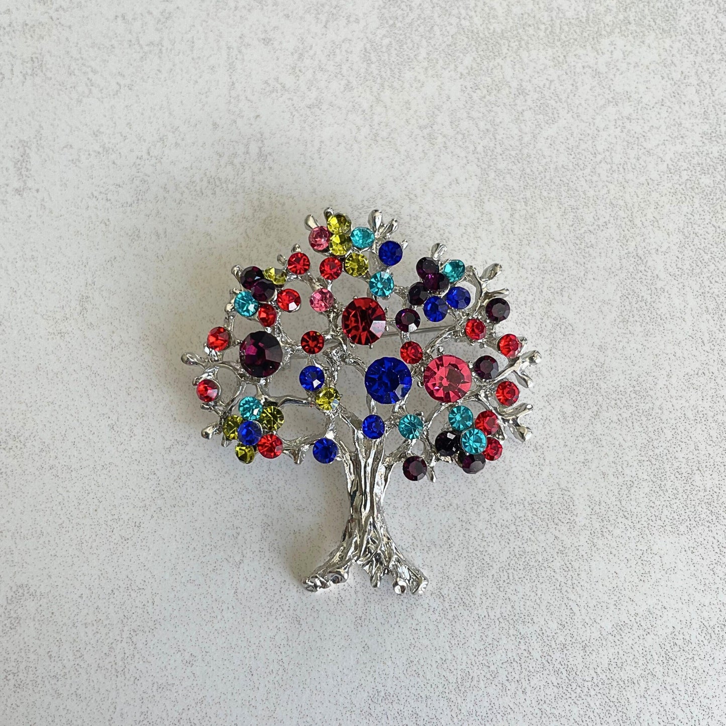 Colourful rhinestone tree of life silver pin brooch pendent