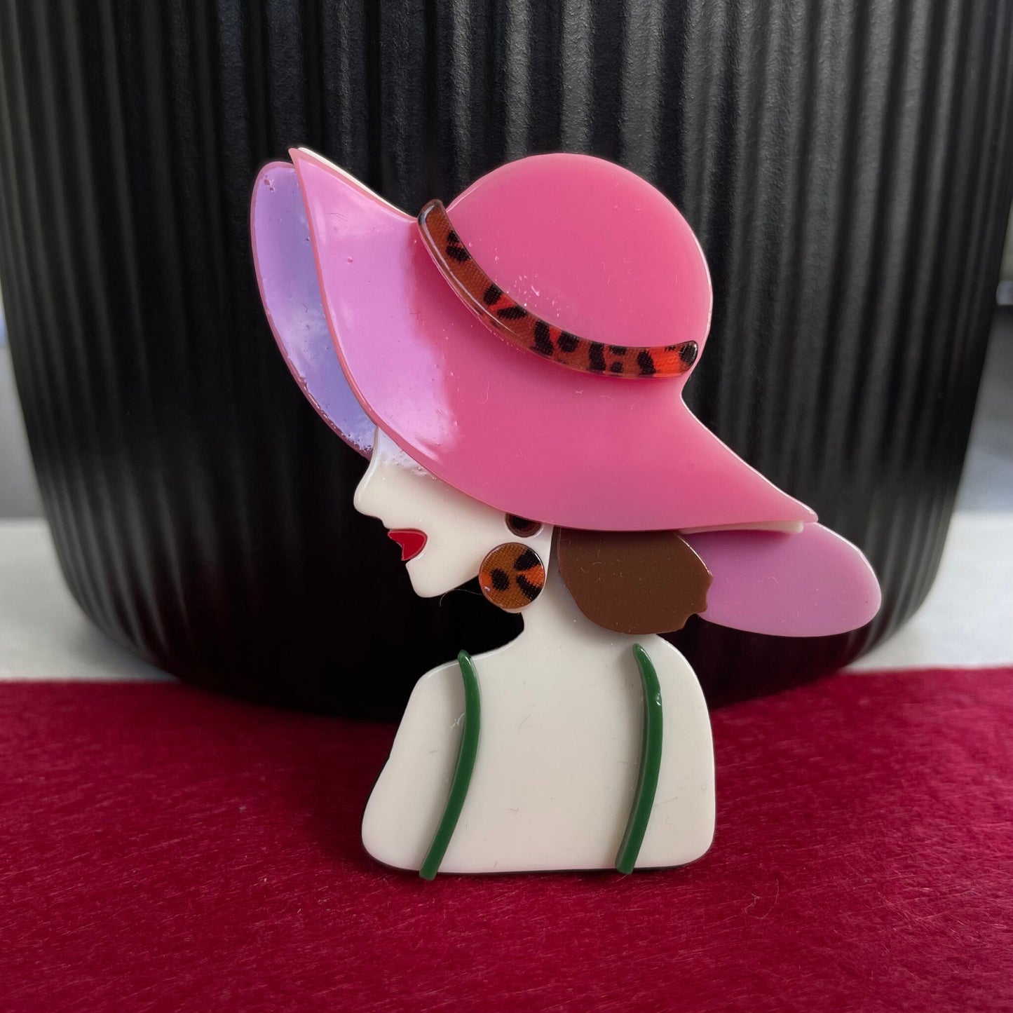 Art Deco lady with orange hat acrylic pin brooch