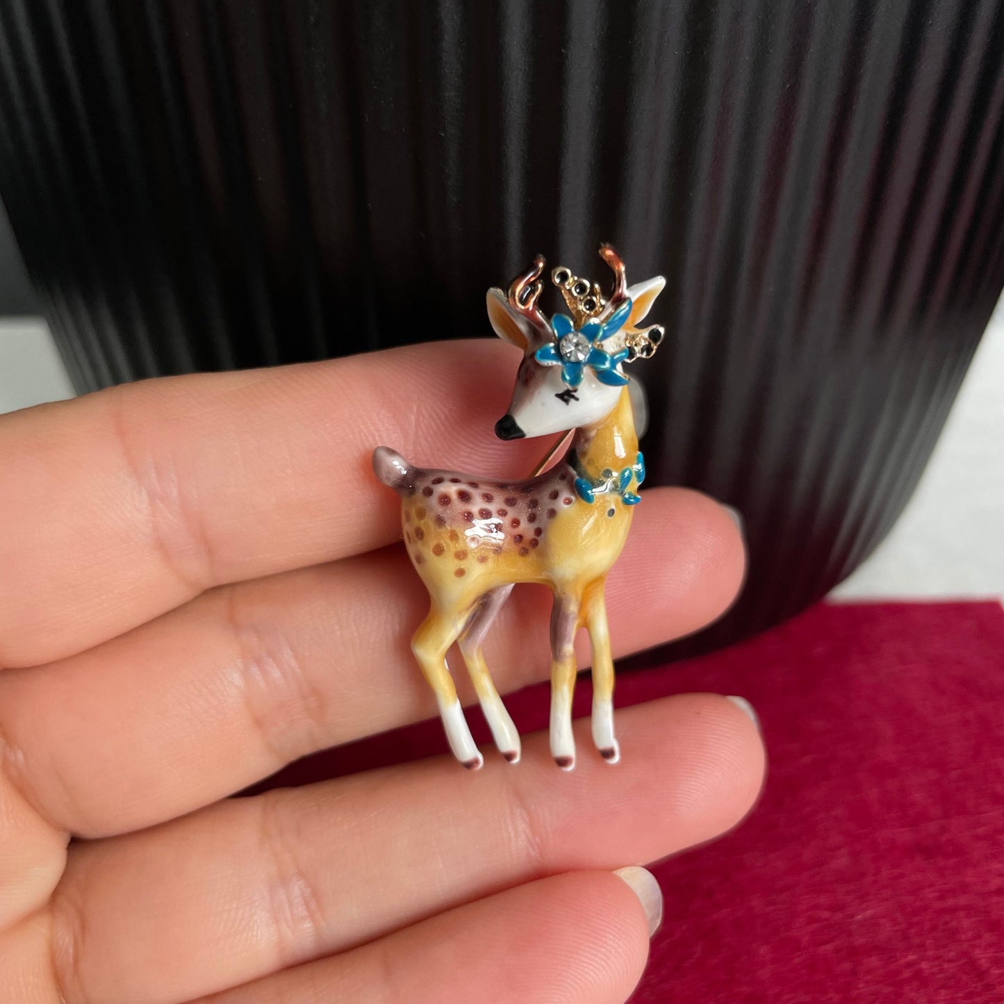 Cute enamel reindeer blue flower gold pin brooch