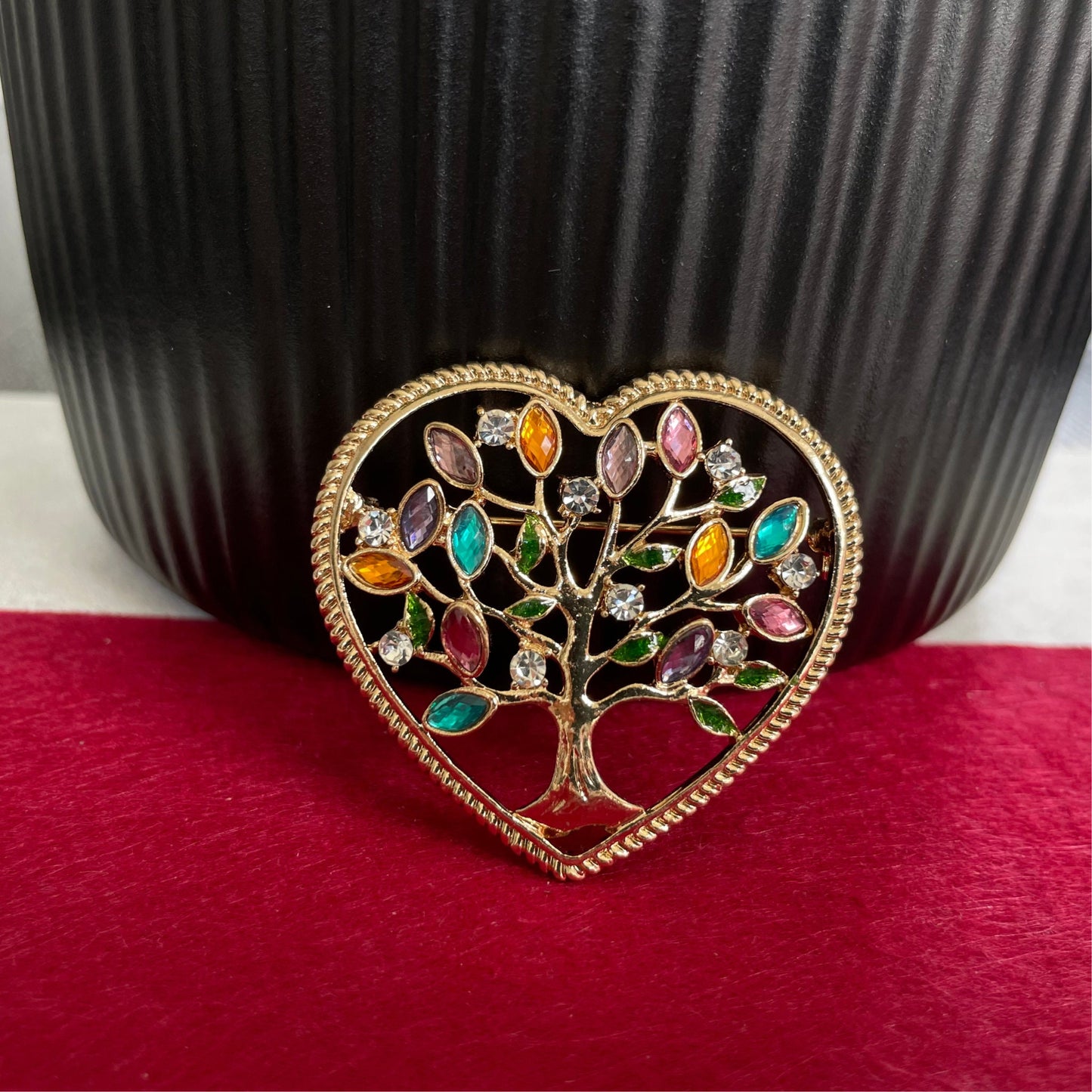 Colourful rhinestone tree of life heart pin brooch pendent