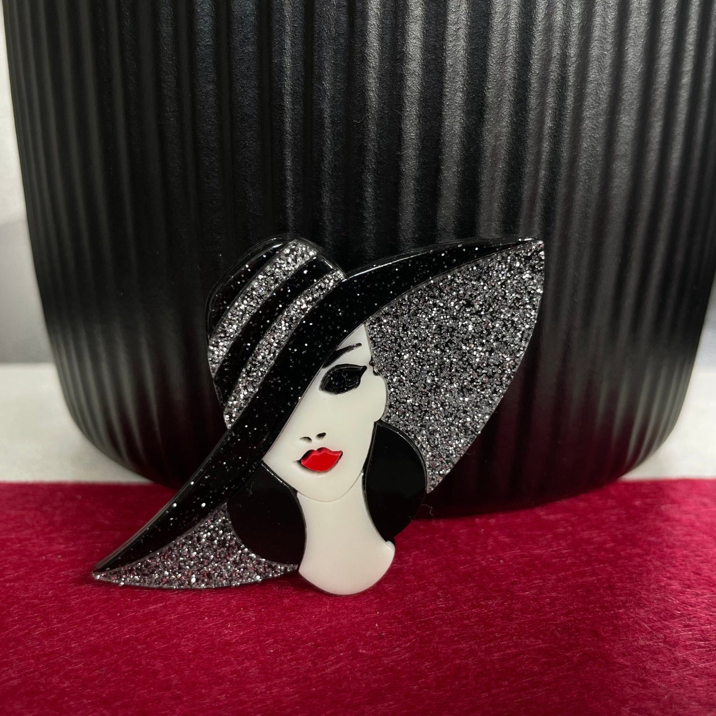 Art Deco lady with large glitter hat acrylic pin brooch