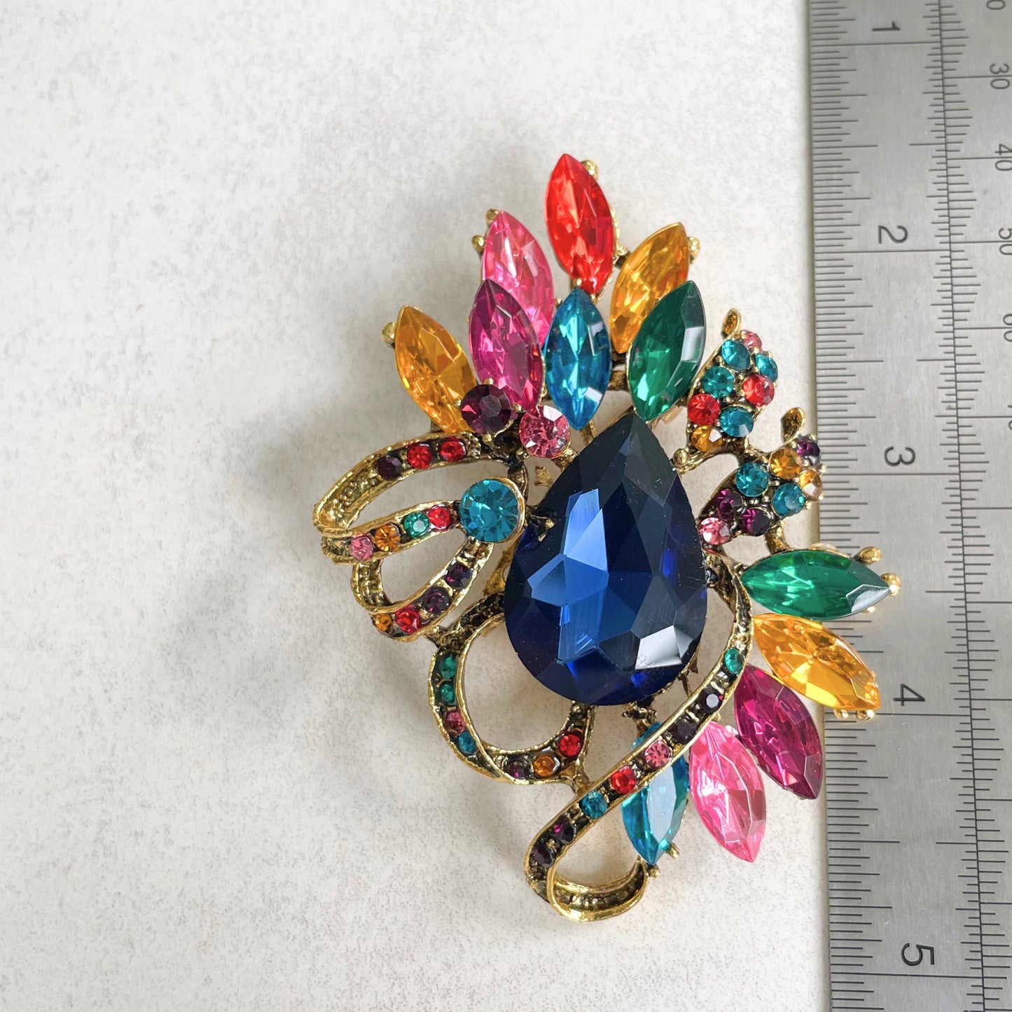 Vintage style blue sapphire steampunk flower gold pin brooch