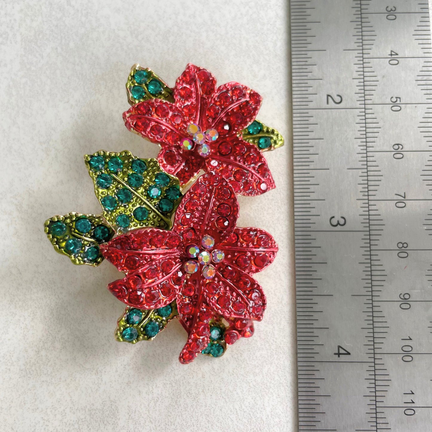 Red poinsettia flower gold pin brooch pendent