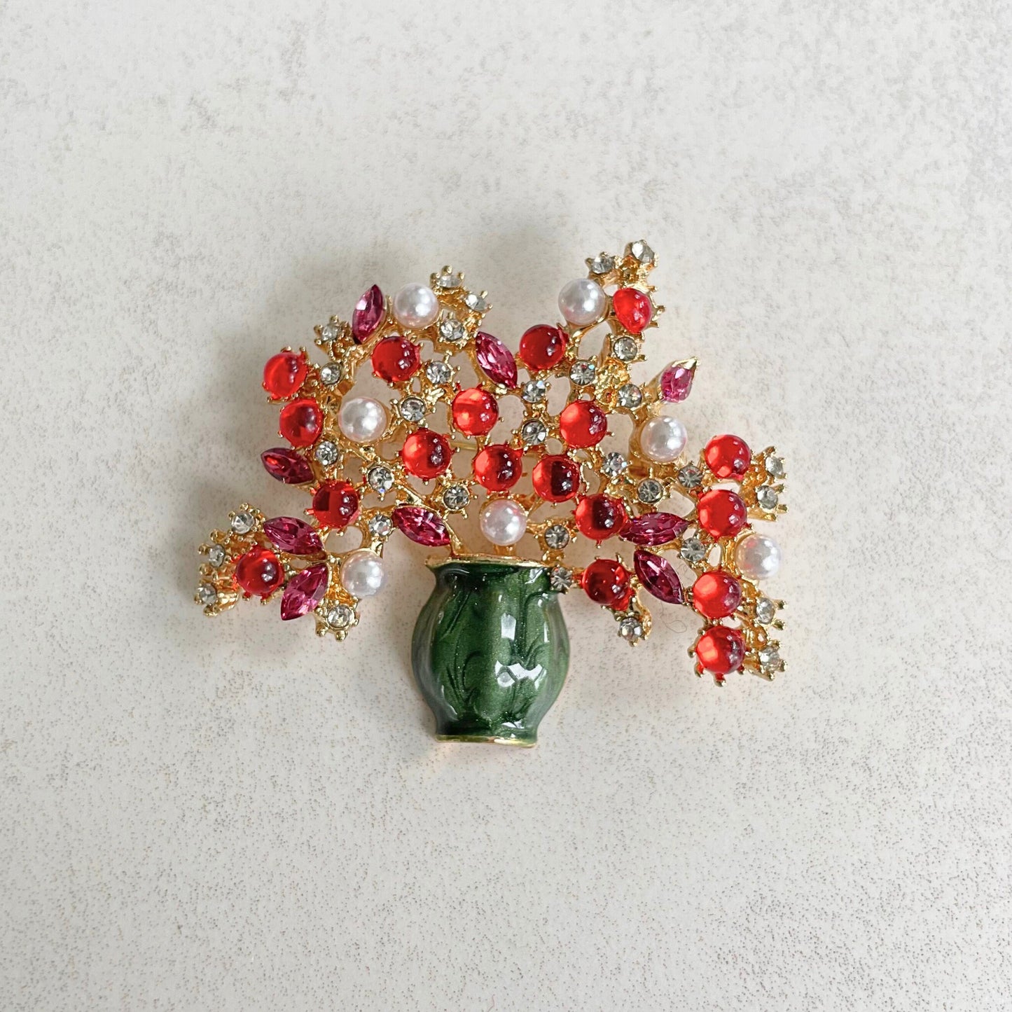 Colourful rhinestone flower vase gold pin brooch