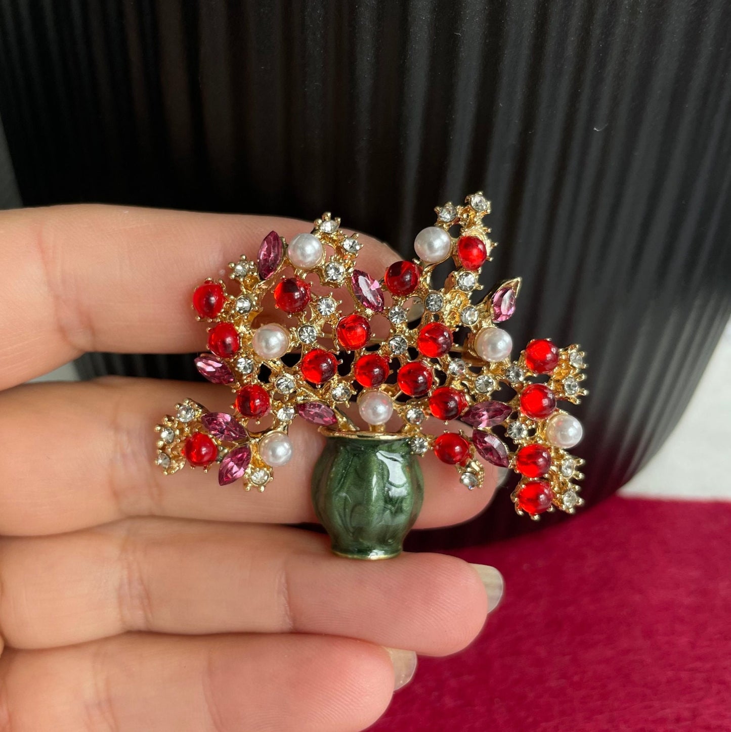 Colourful rhinestone flower vase gold pin brooch