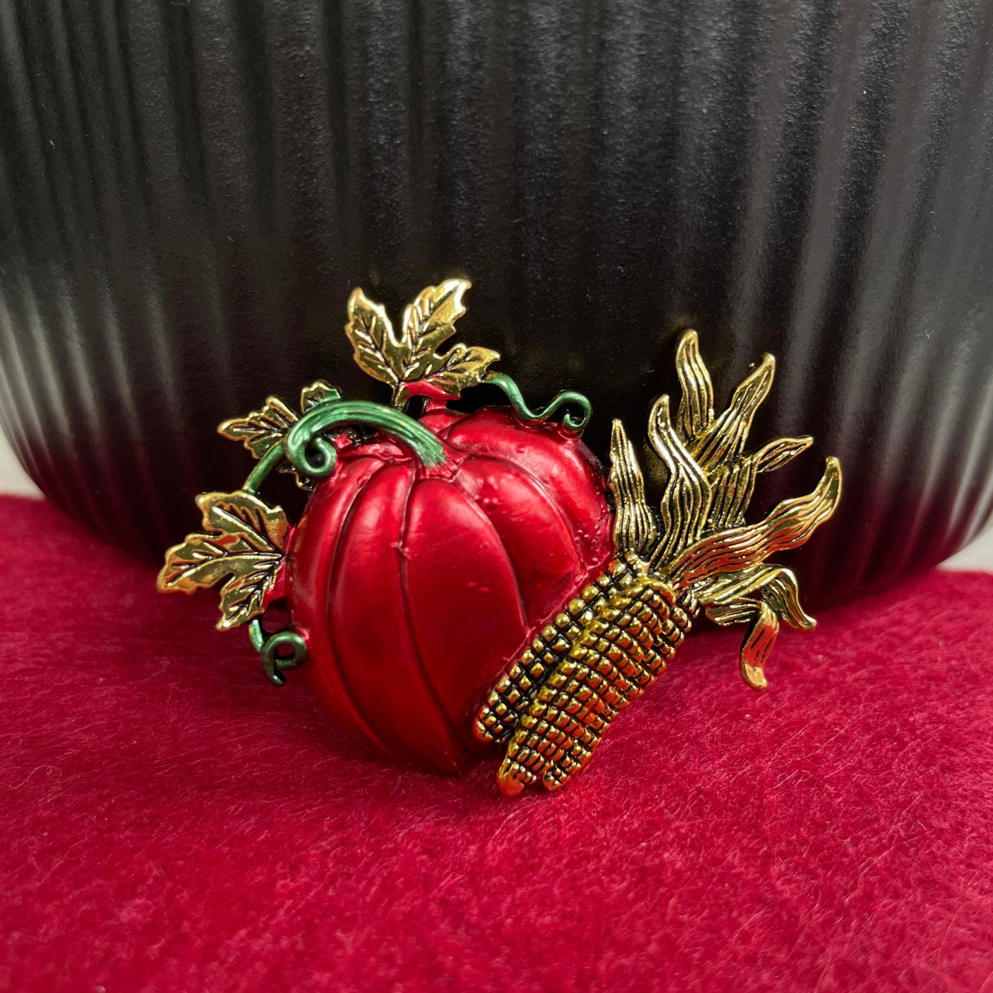 Dainty red enamel pumpkin corn gold pin brooch • Retro pumpkin leaf brooch • Elegant nature inspired harvest style gold brooch •Gift for her