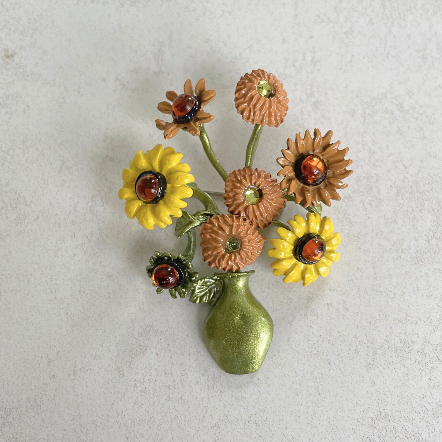 Dainty sunflower flower vase gold pin brooch