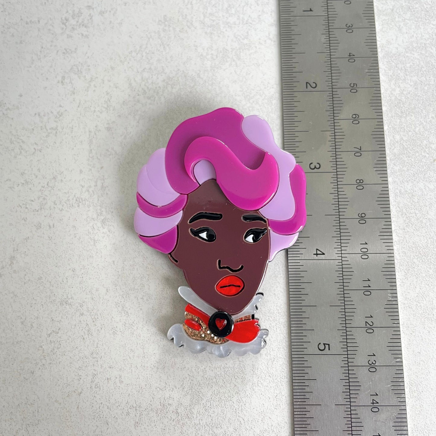 Art Deco African lady purple hair acrylic pin brooch