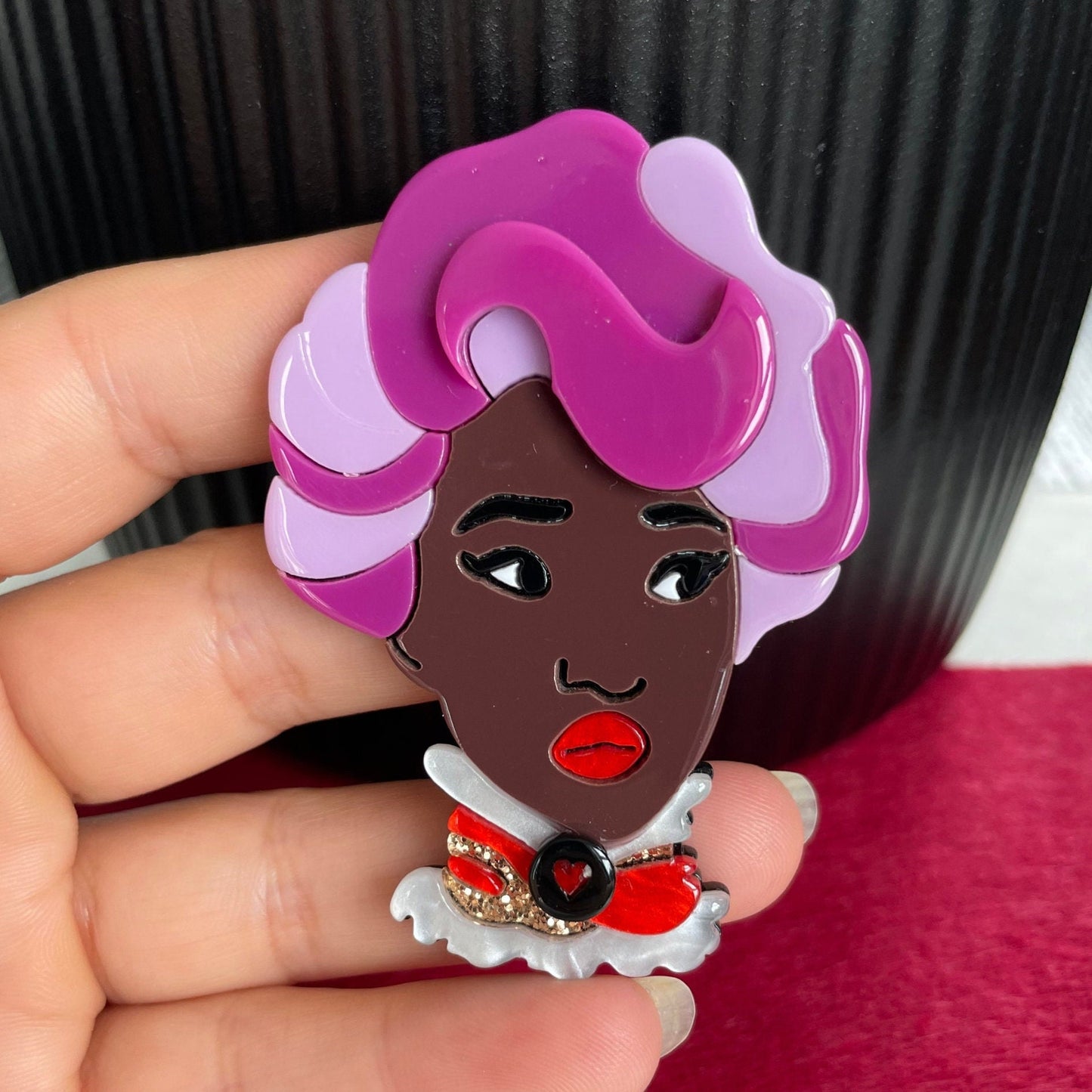 Art Deco African lady purple hair acrylic pin brooch