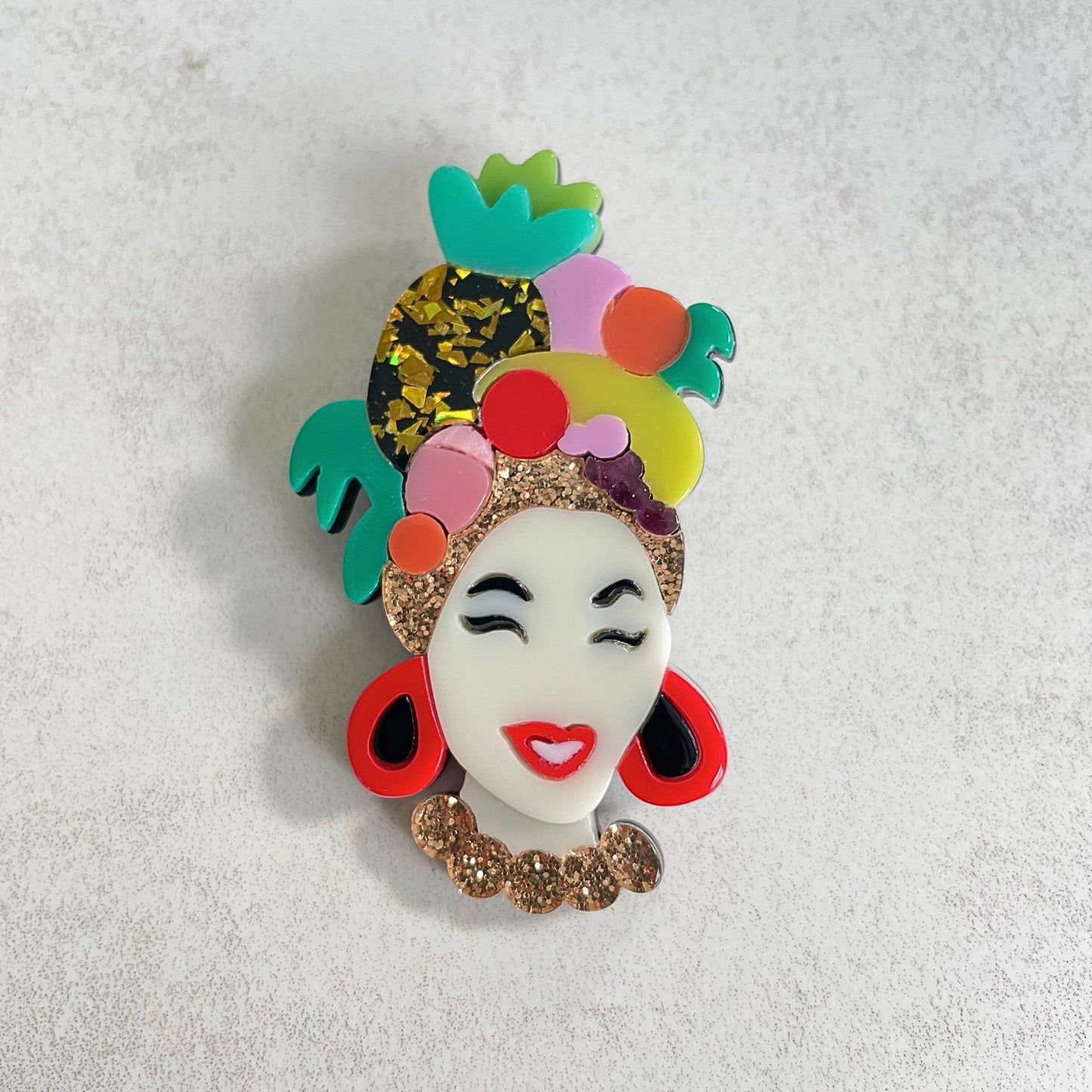 Art Deco African lady multicolour acrylic pin brooch