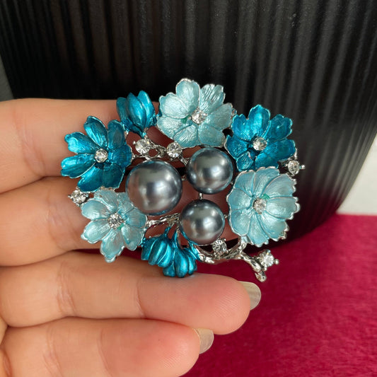 Vintage look blue flowers tree branch pearls silver brooch