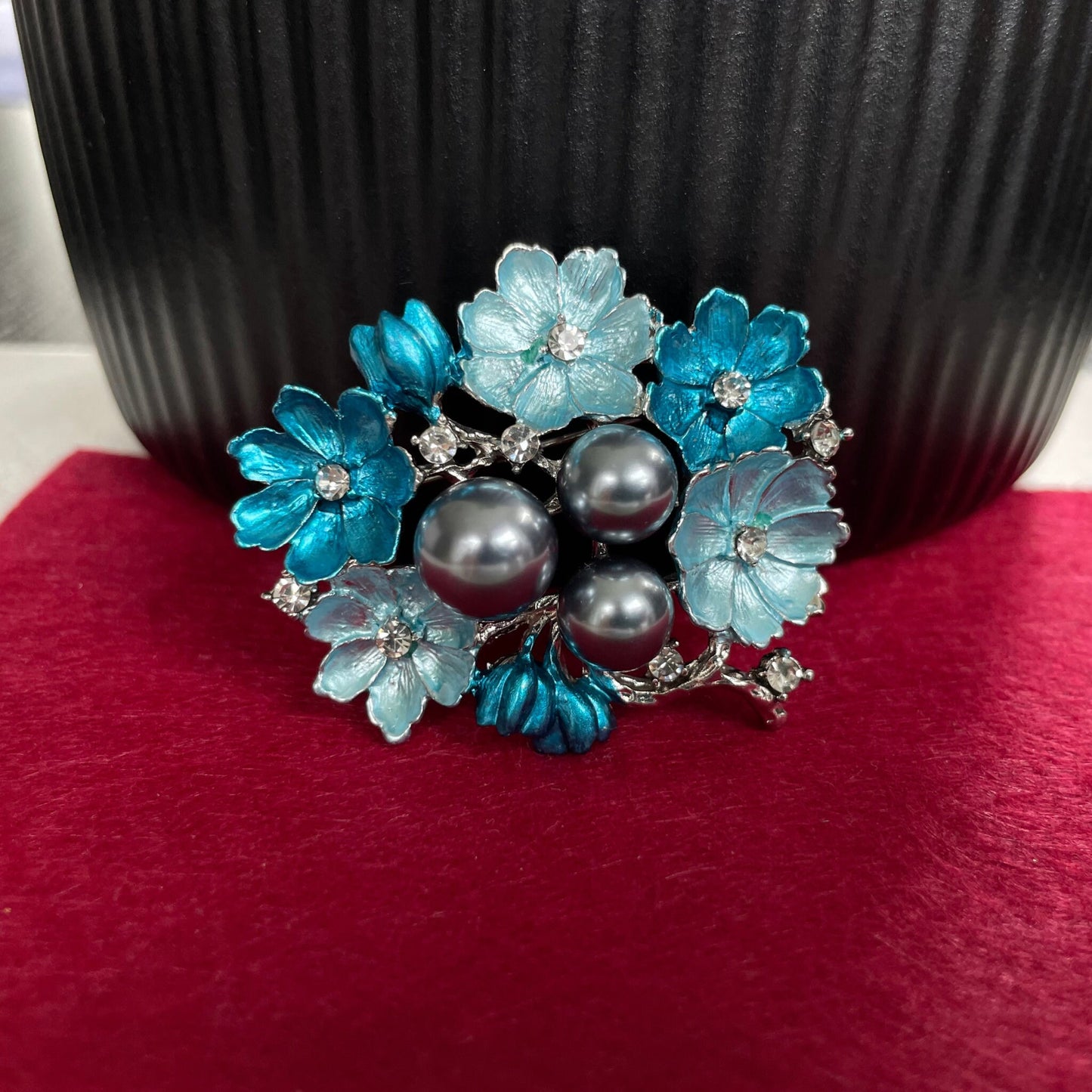 Vintage look blue flowers tree branch pearls silver brooch