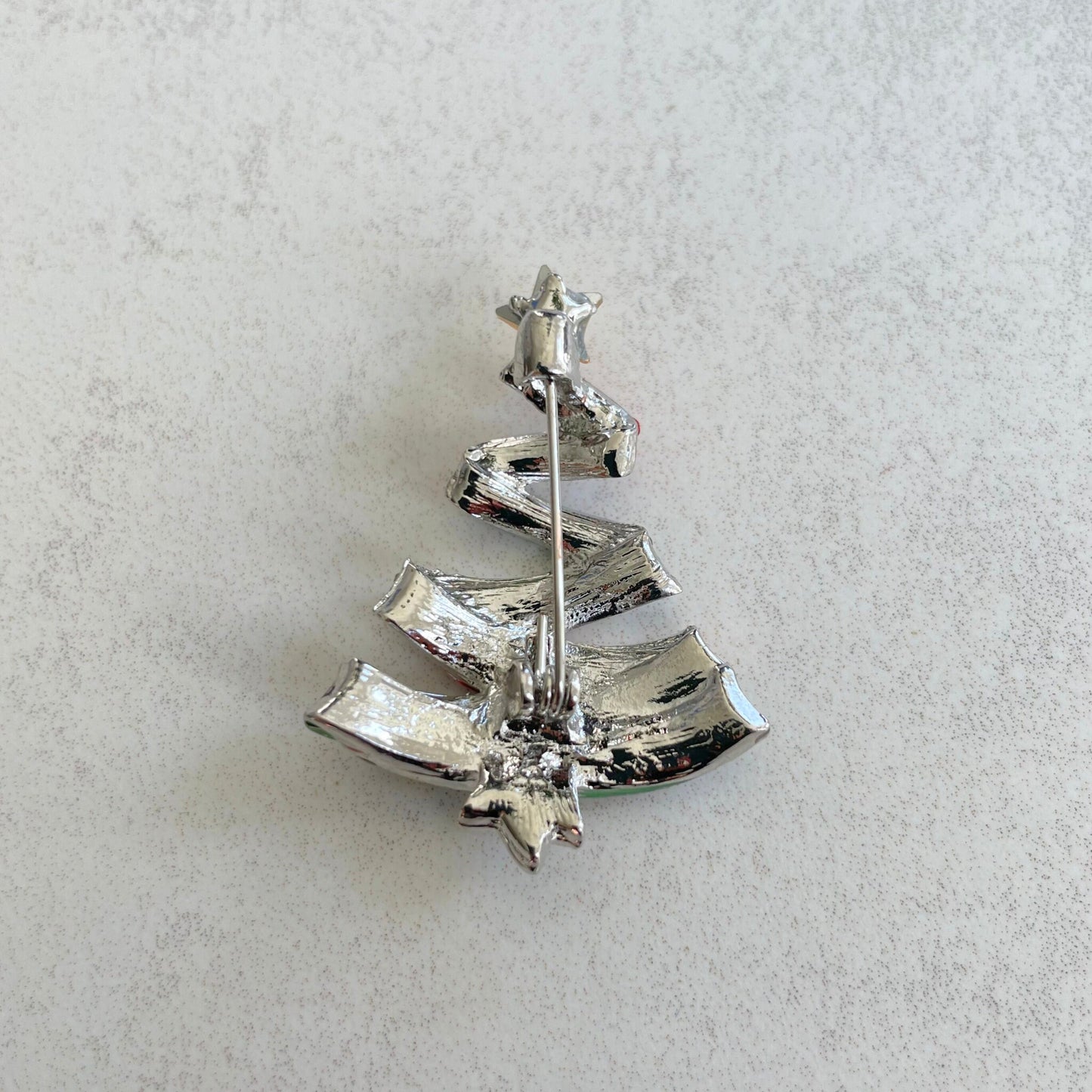 Dainty crystal Xmas tree silver pin brooch