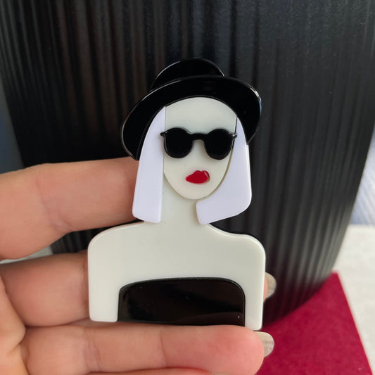 Art Deco modern lady with sunglasses and black har acrylic pin brooch