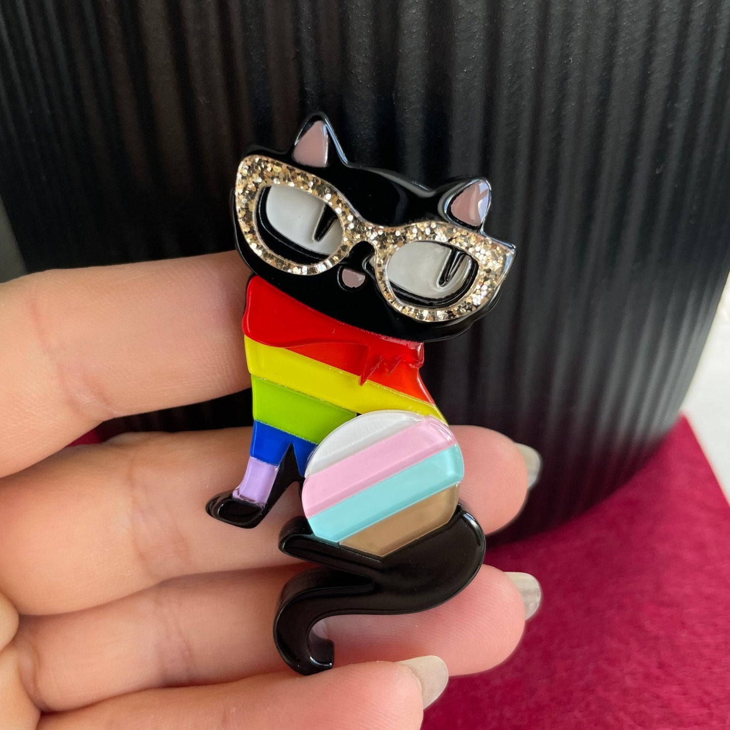 Charming little black cat rainbow acrylic pin brooch