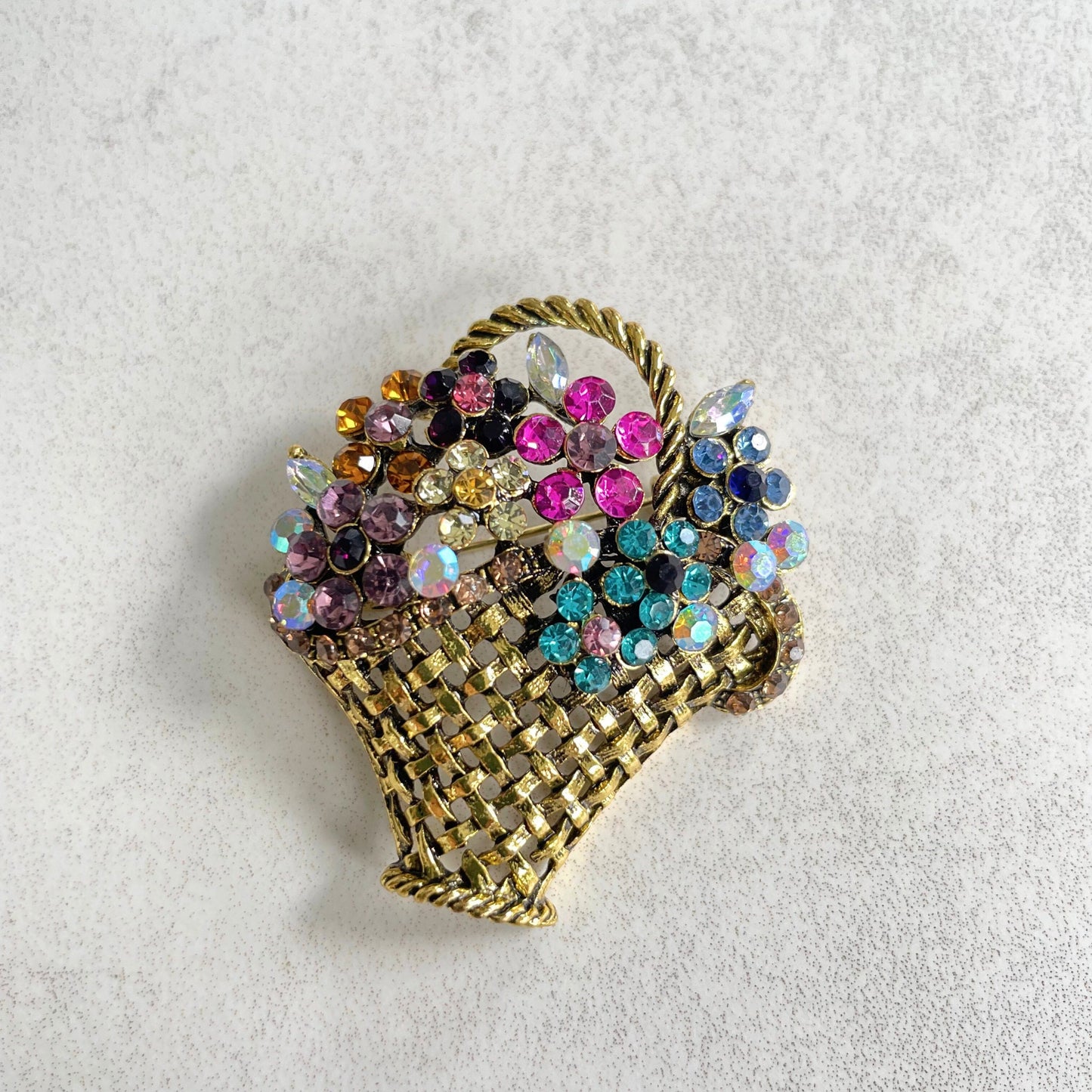 Vintage style multicoloured rhinestone flowers basket gold pin brooch