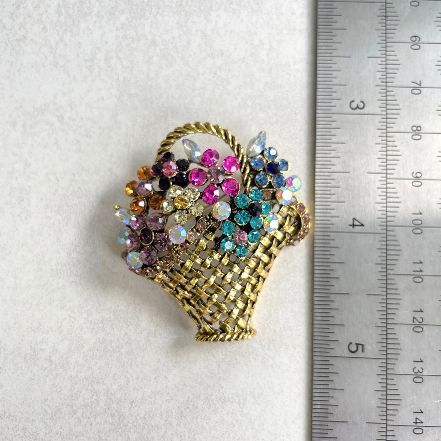 Vintage style multicoloured rhinestone flowers basket gold pin brooch