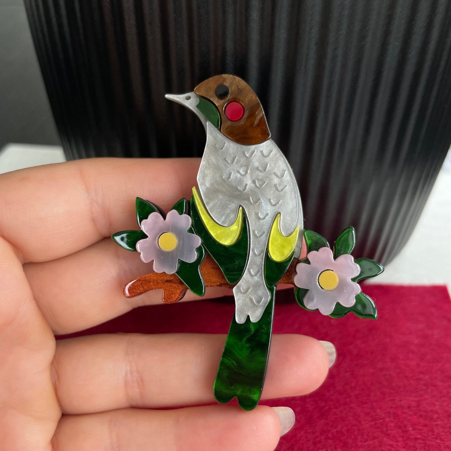 Art Deco cherry blossom bird acrylic pin brooch