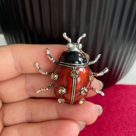 Charming red enamel crystal ladybug silver pin brooch