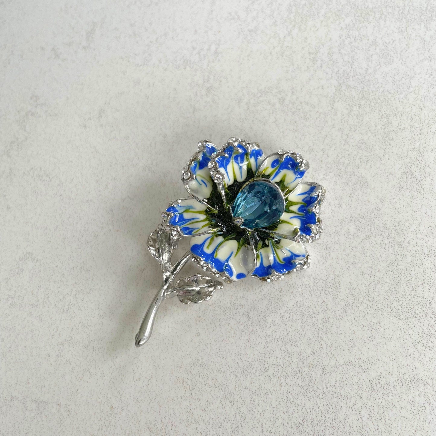 Delicate blue crystal flower silver pin brooch