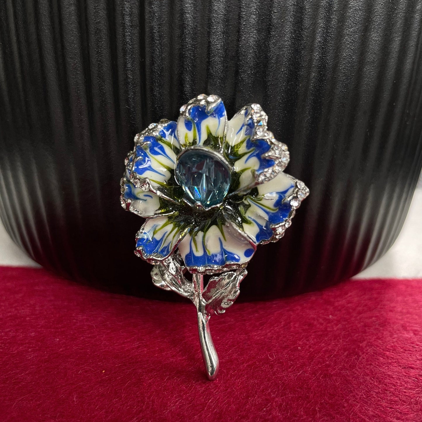 Delicate blue crystal flower silver pin brooch