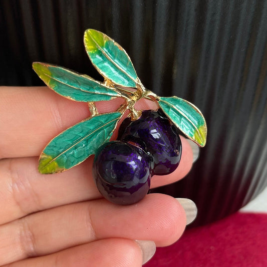 Retro purple olives green leaf gold pin brooch