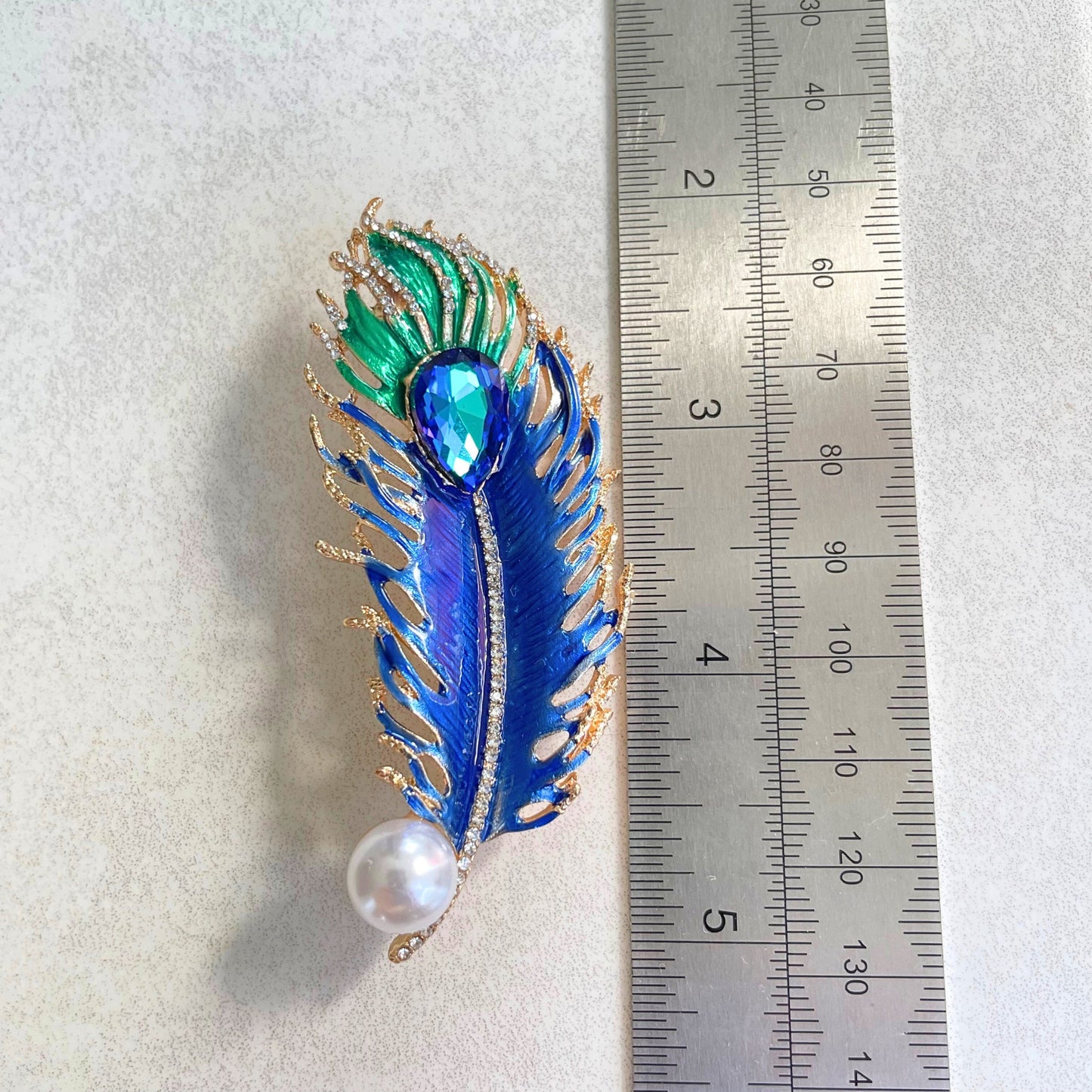 Statement blue and green enamel feather pearl gold pin brooch