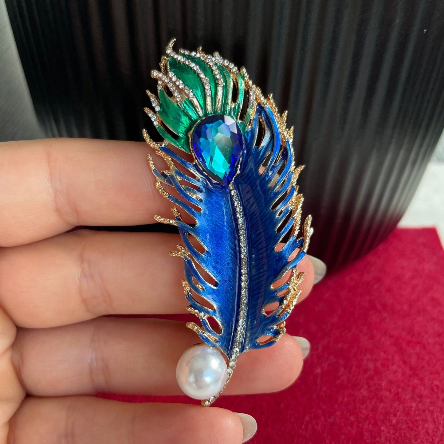 Statement blue and green enamel feather pearl gold pin brooch