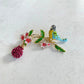 Pink flowers tree blue bird gold pin brooch