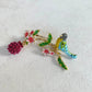 Pink flowers tree blue bird gold pin brooch